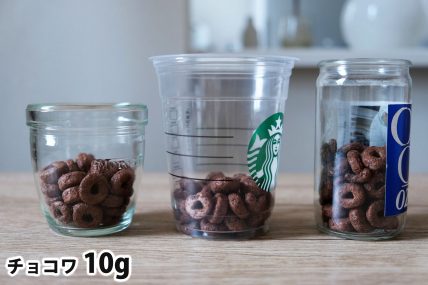 チョコワ10gを「モロゾフ」「トールサイズのカップ」「ワンカップ大関」に入れた時の目安