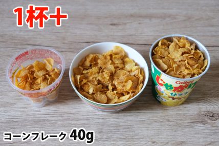 コーンフレーク40gを「Bigプッチンプリン」「250mlボウル」「じゃがりこカップ」に入れた時の目安