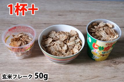 玄米フレーク50gを「Bigプッチンプリン」「250mlボウル」「じゃがりこカップ」に入れた時の目安