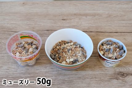 ミューズリー50gを「Bigプッチンプリン」「250mlボウル」「ハーゲンダッツ」に入れた時の目安
