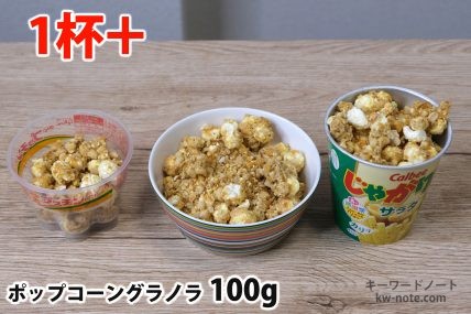 ポップコーングラノラ100gを「Bigプッチンプリン」「250mlボウル」「じゃがりこ」に入れた時の目安