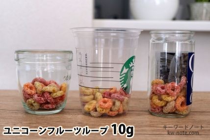 ユニコーンフルーツループ10gを「モロゾフ」「トールサイズのカップ」「ワンカップ大関」に入れた時の目安