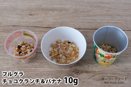 フルグラチョコクランチ＆バナナ10gを「Bigプッチンプリン」「250mlボウル」「じゃがりこ」に入れた時の目安