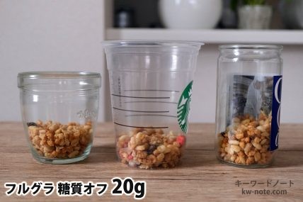 フルグラ糖質オフ20gを「モロゾフ」「トールサイズのカップ」「ワンカップ大関」に入れた時の目安