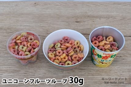 ユニコーンフルーツループ30gを「Bigプッチンプリン」「250mlボウル」「じゃがりこ」に入れた時の目安