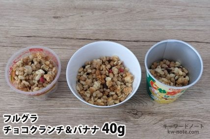 フルグラチョコクランチ＆バナナ40gを「Bigプッチンプリン」「250mlボウル」「じゃがりこ」に入れた時の目安