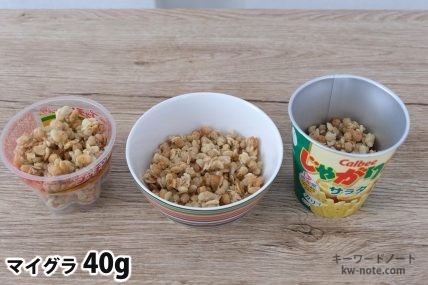 マイグラ40gを「Bigプッチンプリン」「250mlボウル」「じゃがりこ」に入れた時の目安