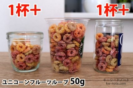 ユニコーンフルーツループ50gを「モロゾフ」「トールサイズのカップ」「ワンカップ大関」に入れた時の目安