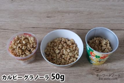 グラノーラ50gを「Bigプッチンプリン」「250mlボウル」「じゃがりこ」に入れた時の目安