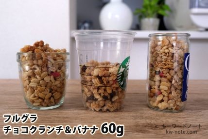 フルグラチョコクランチ＆バナナ60gを「Bigプッチンプリン」「250mlボウル」「じゃがりこ」に入れた時の目安