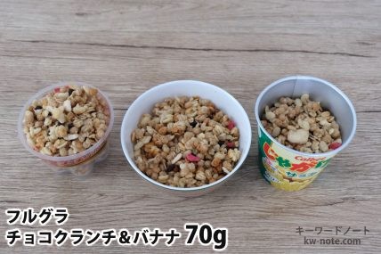フルグラチョコクランチ＆バナナ70gを「Bigプッチンプリン」「250mlボウル」「じゃがりこ」に入れた時の目安