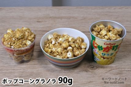 ポップコーングラノラ90gを「Bigプッチンプリン」「250mlボウル」「じゃがりこ」に入れた時の目安